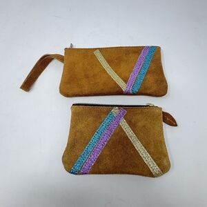 M. Andonia Kids Brown Suede Leather Wristlet & Coin Purse Set Glitter Stripes